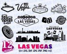 the las vegass logo is shown in black and white, with various other stickers