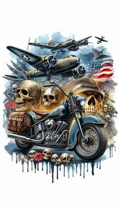 a motorcycle with skulls on it and two planes flying above