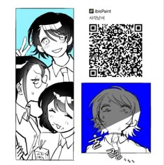 some cartoon characters with qr code on their faces and one has an image of two people