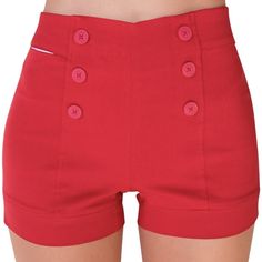 Super Stretch, High-Waisted Pull-On Shorts With Decorative Sailor-Style Front Buttons. Never Worn. Sailor Style, Sailor Fashion, Red High, Modern Fashion, High Waisted Shorts, Nautical, High Waisted, Womens Shorts, Red