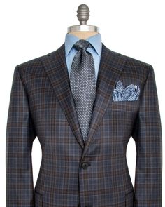 Navy Blue and Grey Plaid Sportcoat Alligator Dress Shoes, Mens Wearhouse, Mens Fashion Wear, Grey Suit, Dapper Men, Elegant Man, Grey Plaid, Suit Style, Blue And Grey