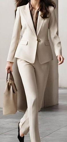 Light cream business suit for the lady. Customise suits made to measure for all sizes and shapes. Please send in  measurement of your height and weight as well. Extra margin of fabric will be added so that the suit can be easily adjusted if the fit is not right. For minor adjustments please  have a tailor ready. If the suit has major problems and is totally unfit .Kindly make the arrangement to ship it back. As soon as it reaches us I will issue a refund. Copy link to your browser YouTube channe Women Suit Outfits Business, Cream Suit Women, Formal Business Attire Women, Suits For Women Office, Tailored Suit Women, Ladies Uniform, Women Business Suit, Womens Professional Suits, Business Suits For Women