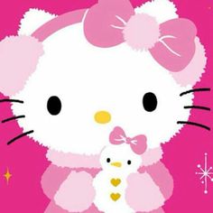 the hello kitty wallpaper is pink and has an image of a cat holding a baby