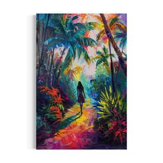 a painting of a person walking down a path in the jungle with palm trees and flowers