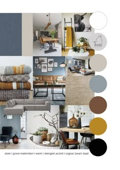 a collage of different colors and furniture in the living room, dining room, bedroom or office