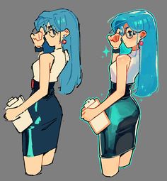 two cartoon girls with blue hair and glasses, one is holding a drink in her hand