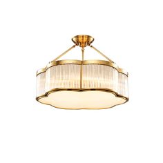 a light fixture hanging from the ceiling with pleated shades on it's sides