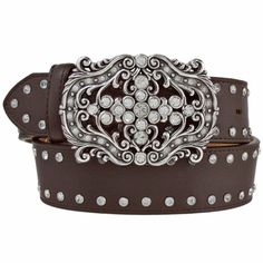 Against a rich brown leather, handset crystals outline the top and bottom of this belt, further embellishing its ornate buckle with ultimate sparkle. Crystal Belt, Cool Items, Suspenders, Brown Leather, Belts, Embellishments, Buckle, Sparkle, The Top