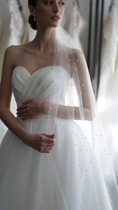 a woman in a wedding dress with a veil over her head and hands on her hips