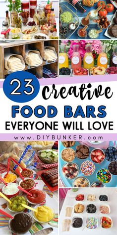 some food and drinks are on display with the words 25 creative food bars everyone will love