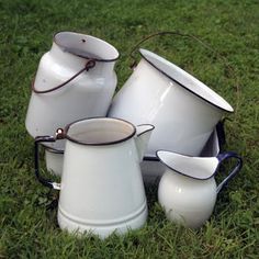 a group of white jugs sitting in the grass