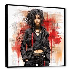 a woman with black hair and piercings standing in front of a red background canvas wall art print