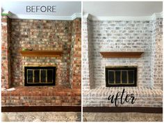 before and after pictures of a brick fireplace