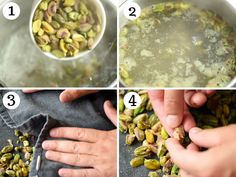 four pictures showing how to make pistachio beans