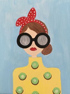 a painting of a woman with sunglasses and a polka dot bow on her head, holding green cupcakes