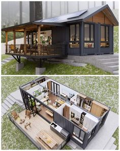 two pictures showing the inside and outside of a small house with an open floor plan