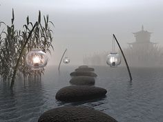 a row of rocks sitting in the middle of a body of water next to reeds