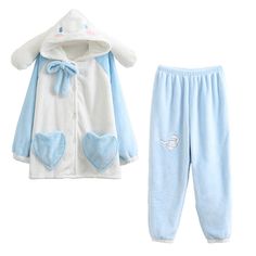 Casual Light Blue Sleepwear For Home, Kawaii Cotton Sleepwear For Loungewear, Cute Loungewear Sets With Long Pants, Cotton Kawaii Sleepwear For Loungewear, Cute Blue Home Sleepwear, Cute Long Sleeve Sets With Pockets, White Sleepwear With Pockets For Sleepover, Kawaii Long Sleeve Pajama Party Sets, Kawaii Long Sleeve Sleep Sets