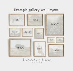 an assortment of framed and unframeed art pieces with the text example gallery wall layout