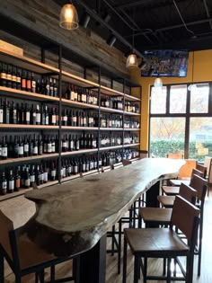 an empty bar with lots of bottles on the shelves