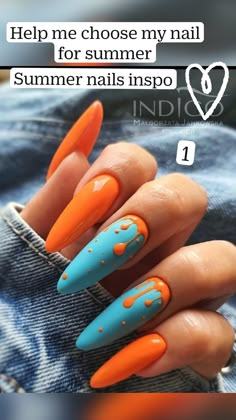 Simple Summer Nails Stiletto, Pride Chrome Nails, Neon Almond Nails Summer, Two Toned Nails Designs, Crazy Nails Ideas, Animated Nails, Edc Nails, Beachy Nails, Unghie Sfumate