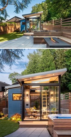 two pictures side by side of a house with a hot tub in the backyard and an outside patio