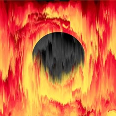 an abstract painting with red, yellow and black colors in the center is a round hole