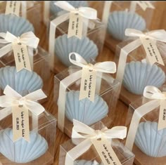 several small blue shells in clear boxes with white ribbons and tags tied around the edges