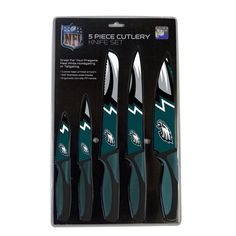 four piece cutlery set with philadelphia eagles logo on the front and green, white and black blades