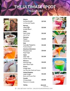 the ultimate drink list for disneyland's hollywood resort is shown in purple and orange