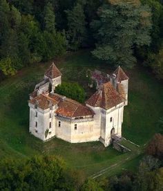 an aerial view of a castle in the middle of some trees and grass, looking down on it's roof