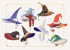 a bunch of hats that are in the shape of witches and wizard's heads