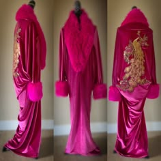 AS SEEN ON THE NETFLIX SHOW: WORN STORIES Gorgeous handmade,vibrant fuchsia velvet cocoon evening coat/robe with faux fur trim on collar and cuffs. Extra large sequin peacock appliqué in pink and gold tones. Old Hollywood glamour for the modern diva, this beautiful gracefully elegant robe will envelope you in soft velvet and make you the starlet in your own classic movie! Based on an original Art Deco period pattern, this handmade robe has dolman batwing sleeves and beautiful draping in the back Evening Coat, Catty Noir, Old Hollywood Style, Netflix Show, Large Sequins, Cocoon Coat, Hollywood Fashion, Old Hollywood Glamour, 1920s Fashion