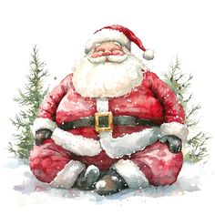 a watercolor painting of santa claus sitting in the snow with his legs crossed and feet crossed