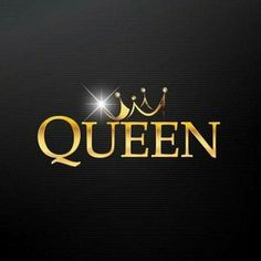 the logo for queen is shown on a black background with gold lettering and a crown