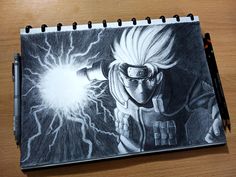 a drawing of an anime character with lightning coming out of his head and eye glasses