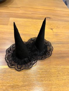 Set of 2 black mini witch hats with black lace brim Gothic Black Mini Hats For Halloween, Witchy Black Mini Hat For Halloween, Black Witchy Mini Hat For Halloween, Gothic Black Mini Hat With Curved Brim, Black Gothic Mini Hat With Curved Brim, Black Adjustable Mini Hats With Witchy Style, Black Adjustable Witchy Mini Hats, Adjustable Black Witchy Mini Hat, Adjustable Black Mini Witchy Hat