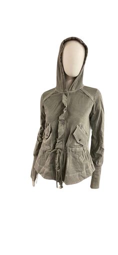 This fashionable, yet functional, Zip up  jacket  is made of American grown cotton/spandex french terry and dyed by hand for a faded, vintage effect. Color: Charcoal features ruffle front over zipper , drawstring waist , hood with detail on front edge and button on cuff with red stitching  Feels like your favorite sweatshirt! Stretchy and soft, front zipper with over sized brass none functional buttons , embroidery detail with hood  Last one snag this killer piece before it's gone. Made in Phila Winter Utility Hooded Jacket With Double-lined Hood, Military Style Cotton Hooded Jacket With Detachable Hood, Utility Cotton Hooded Jacket With Double-lined Hood, Charcoal Jacket, Hooded Moisture-wicking Outerwear In Recycled Polyester, Utility Nylon Hooded Jacket With Double-lined Hood, Snap Tape, Last One, Cotton Leggings