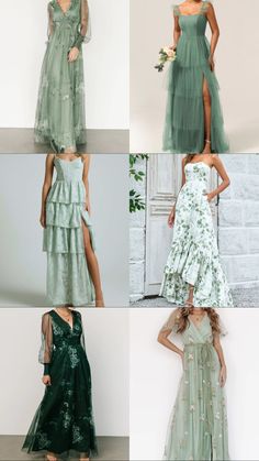 four different styles of dresses with long sleeves and tiered skirts, all in green