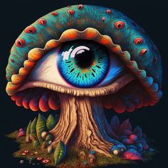 an eye is shown in the center of a mushroom with leaves and flowers around it