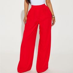 Brand New With Tags Trendy Red Wide Leg Pants For Spring, Red Pants For Workwear, Red Wide Leg Bottoms, Red Wide Leg Bottoms Solid Color, Red Solid Long Pants, Red Solid Color Long Pants, Chic Red Bottoms For Spring, Solid High Waist Wide Leg Pants For Date Night, Chic Red Spring Bottoms