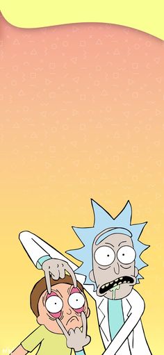 the rick and mort cartoon character are standing next to each other, with an orange background