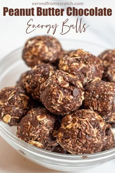 chocolate energy balls in a glass bowl with the words, peanut butter chocolate energy balls