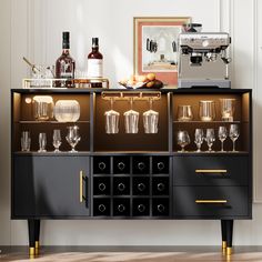 a black and gold bar with wine glasses on it