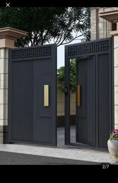 two gray doors are open in front of a building