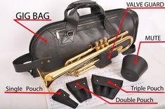 the parts of a musical instrument are shown in this image, including a trumpet and other accessories