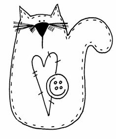 a black and white drawing of a cat with a button in it's mouth