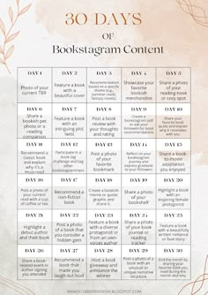 the 30 days of bookstagramm content calendar on a watercolor background with leaves