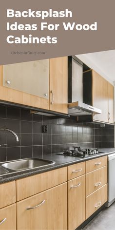 a kitchen with wooden cabinets and black counter tops is featured in the article backsplash ideas for wood cabinets