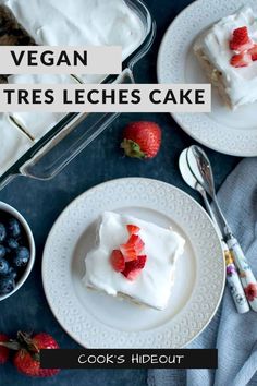 two plates with desserts on them and the words vegan tres leches cake